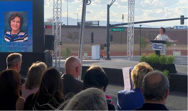 Senator Rosen addresses attendees of the “Grand Finale” ribbon cutting ceremony for Project Neon in Downtown Las Vegas
