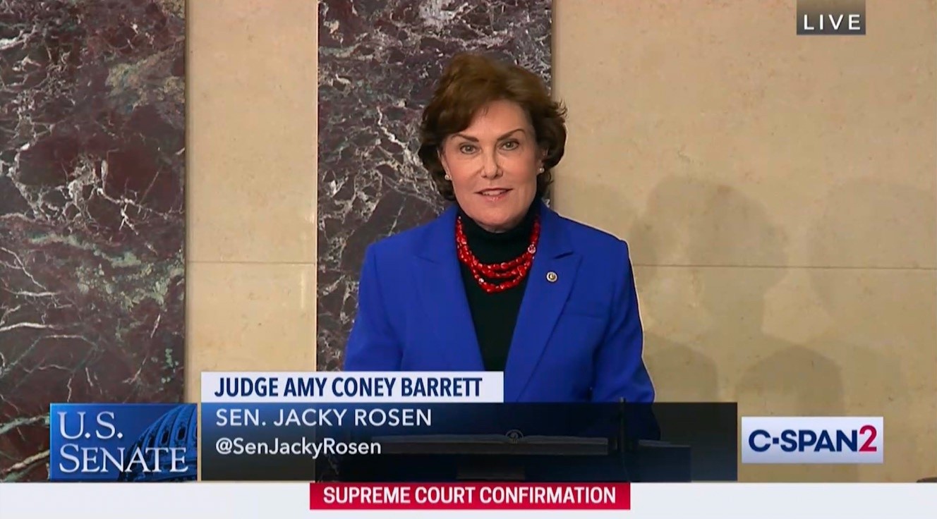 U.S. Senator Jacky Rosen spoke against the nomination of Judge Amy Coney Barrett to the United States Supreme Court. In her remarks, Senator Rosen highlighted the importance of protecting the Affordable Care Act (ACA) and coverage for Nevadans with pre-existing conditions, as well as stories of Nevadans who would be gravely impacted by the dismantling of the ACA.