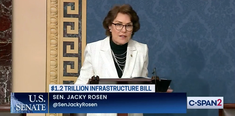 U.S. Senator Jacky Rosen (D-NV), a member of the bipartisan Senate infrastructure working group, spoke on the Senate floor in support of the Infrastructure Investment and Jobs Act, legislation she and the group drafted that is being considered on the Senate floor this week.